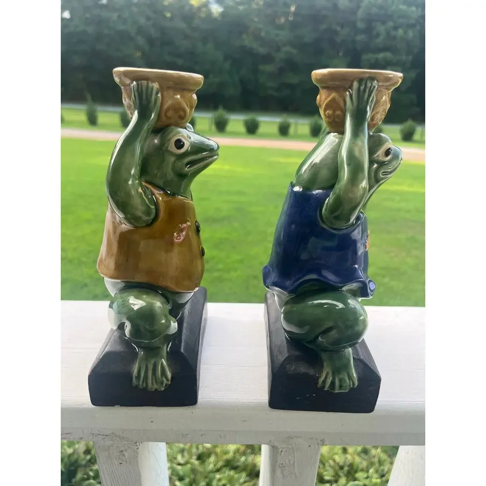 Vintage Ceramic Frog Candle Holder Pair